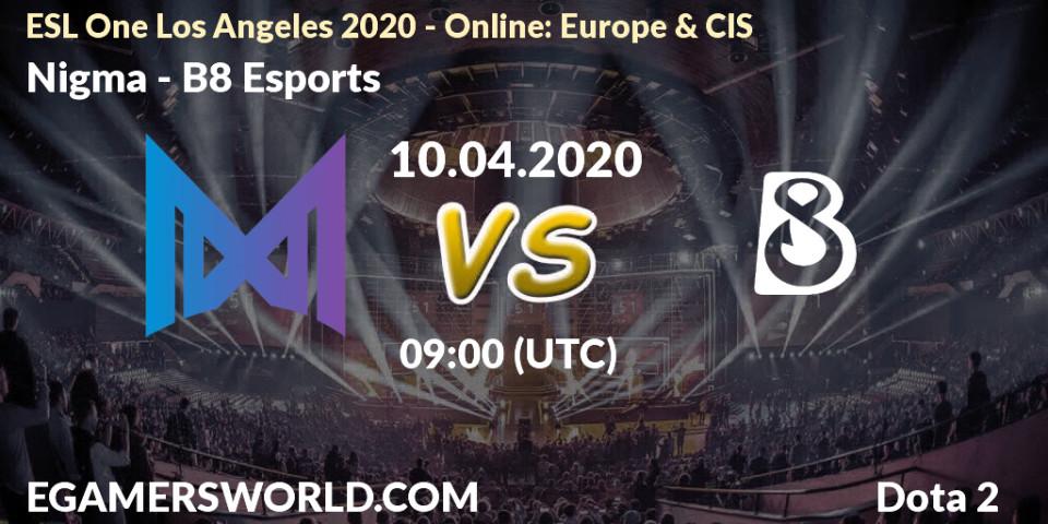 Nigma проти B8 Esports: Поради щодо ставок, прогнози на матчі. 10.04.2020 at 09:00. Dota 2, ESL One Los Angeles 2020 - Online: Europe & CIS