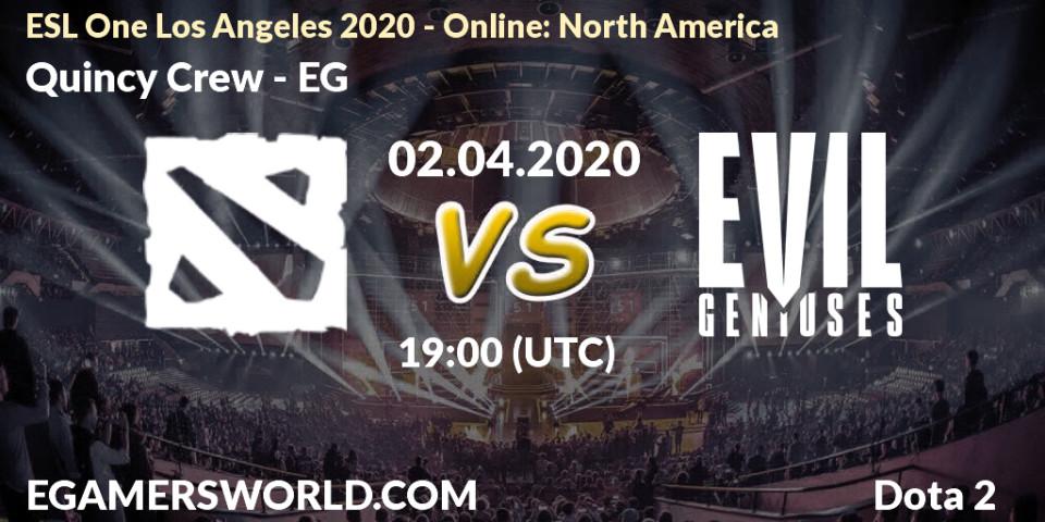 Quincy Crew проти EG: Поради щодо ставок, прогнози на матчі. 02.04.2020 at 19:47. Dota 2, ESL One Los Angeles 2020 - Online: North America