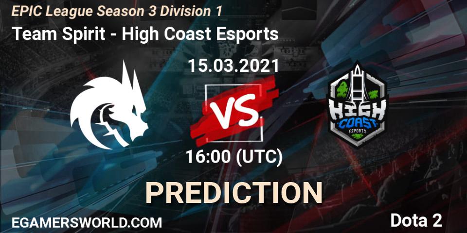 Team Spirit проти High Coast Esports: Поради щодо ставок, прогнози на матчі. 15.03.2021 at 16:01. Dota 2, EPIC League Season 3 Division 1