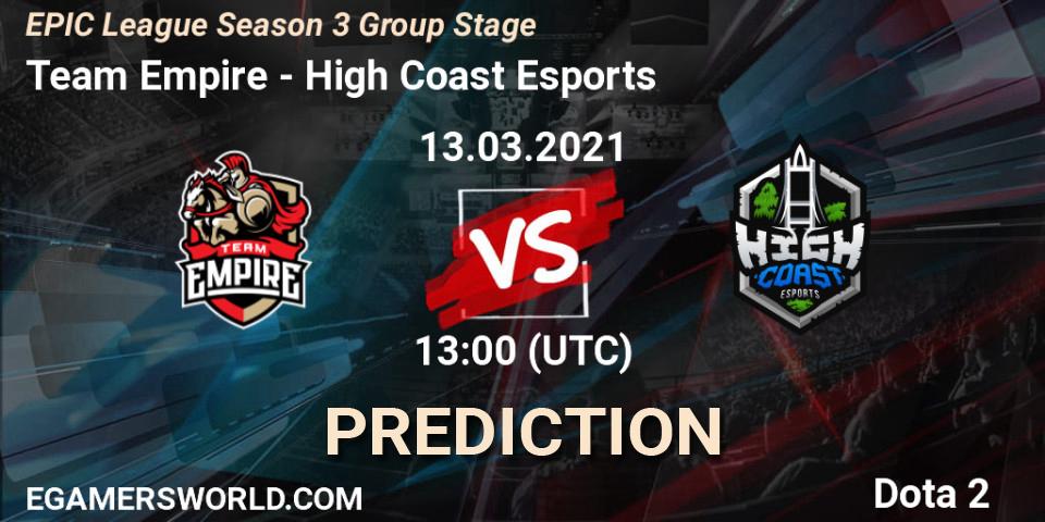 Team Empire проти High Coast Esports: Поради щодо ставок, прогнози на матчі. 13.03.2021 at 12:59. Dota 2, EPIC League Season 3 Group Stage