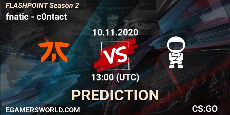 fnatic проти c0ntact: Поради щодо ставок, прогнози на матчі. 11.11.2020 at 16:00. Counter-Strike (CS2), Flashpoint Season 2