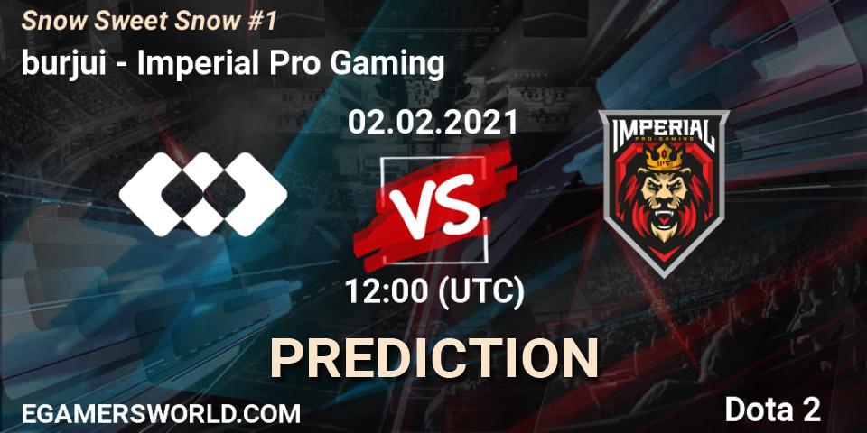 burjui проти Imperial Pro Gaming: Поради щодо ставок, прогнози на матчі. 02.02.2021 at 12:13. Dota 2, Snow Sweet Snow #1