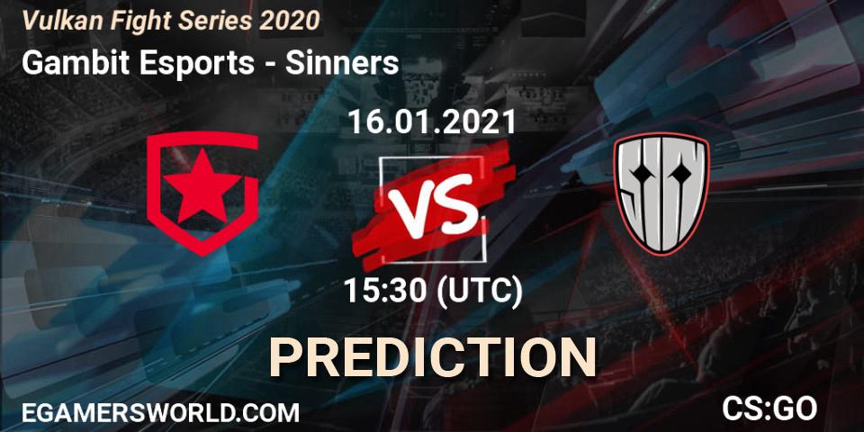 Gambit Esports проти Sinners: Поради щодо ставок, прогнози на матчі. 16.01.2021 at 15:30. Counter-Strike (CS2), Vulkan Fight Series 2020