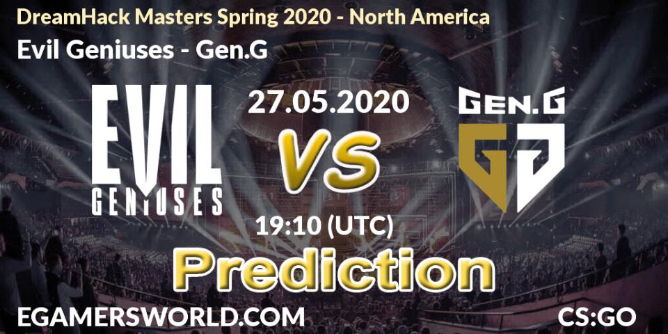 Evil Geniuses проти Gen.G: Поради щодо ставок, прогнози на матчі. 27.05.2020 at 19:10. Counter-Strike (CS2), DreamHack Masters Spring 2020 - North America