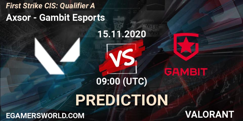 Axsor проти Gambit Esports: Поради щодо ставок, прогнози на матчі. 15.11.2020 at 14:00. VALORANT, First Strike CIS: Qualifier A