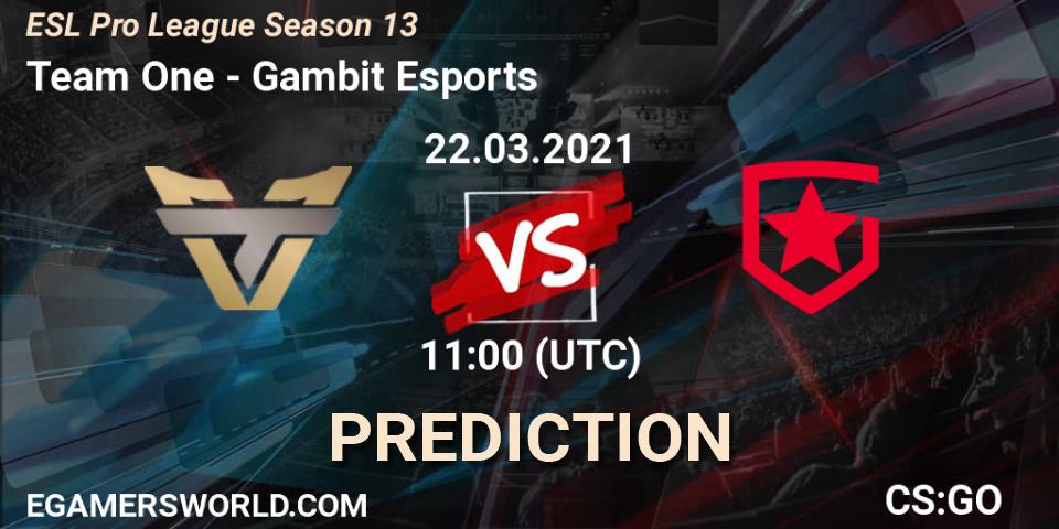 Team One проти Gambit Esports: Поради щодо ставок, прогнози на матчі. 22.03.2021 at 11:00. Counter-Strike (CS2), ESL Pro League Season 13