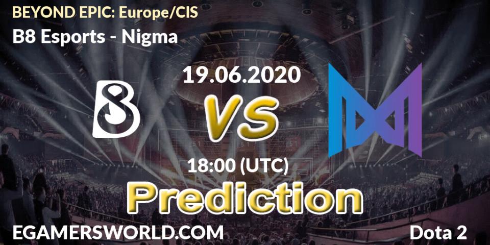 B8 Esports проти Nigma: Поради щодо ставок, прогнози на матчі. 19.06.2020 at 17:40. Dota 2, BEYOND EPIC: Europe/CIS