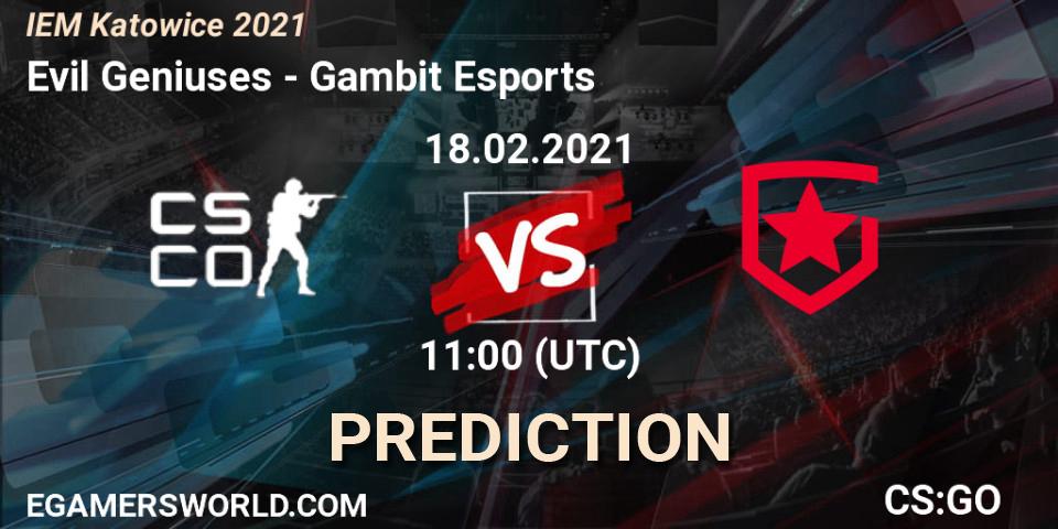 Evil Geniuses проти Gambit Esports: Поради щодо ставок, прогнози на матчі. 18.02.2021 at 11:00. Counter-Strike (CS2), IEM Katowice 2021