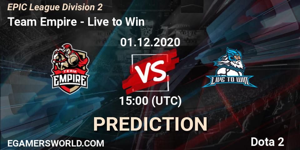 Team Empire проти Live to Win: Поради щодо ставок, прогнози на матчі. 01.12.2020 at 14:23. Dota 2, EPIC League Division 2