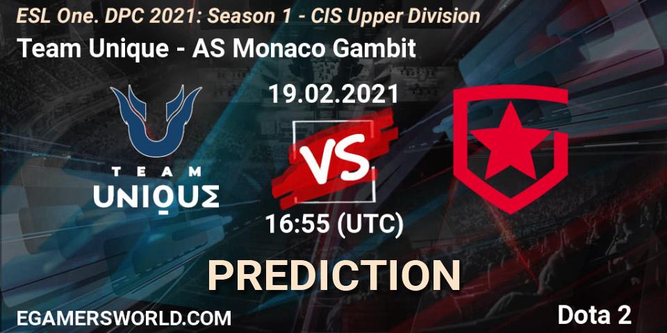 Team Unique проти AS Monaco Gambit: Поради щодо ставок, прогнози на матчі. 19.02.2021 at 16:55. Dota 2, ESL One. DPC 2021: Season 1 - CIS Upper Division