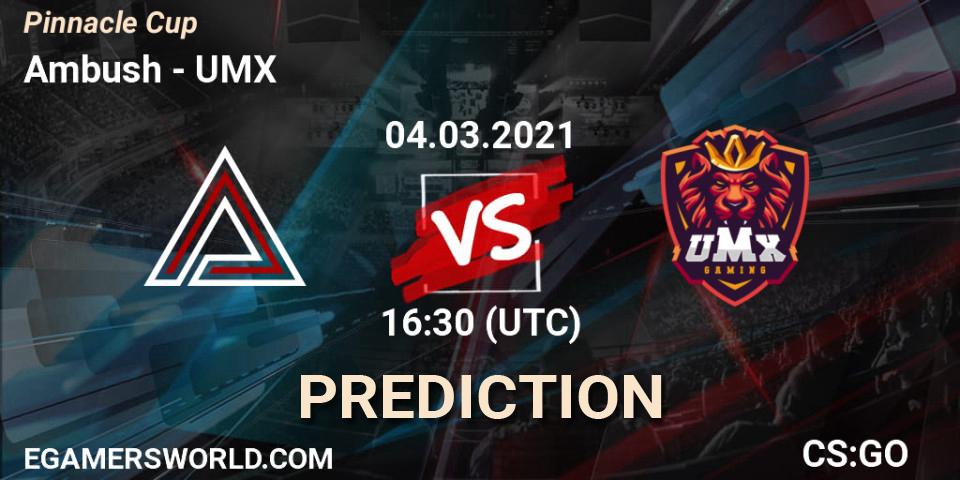 Ambush проти UMX: Поради щодо ставок, прогнози на матчі. 05.03.2021 at 16:30. Counter-Strike (CS2), Pinnacle Cup #1