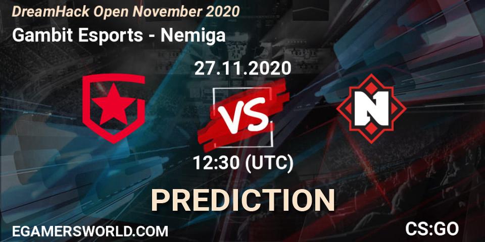 Gambit Esports проти Nemiga: Поради щодо ставок, прогнози на матчі. 27.11.2020 at 12:10. Counter-Strike (CS2), DreamHack Open November 2020