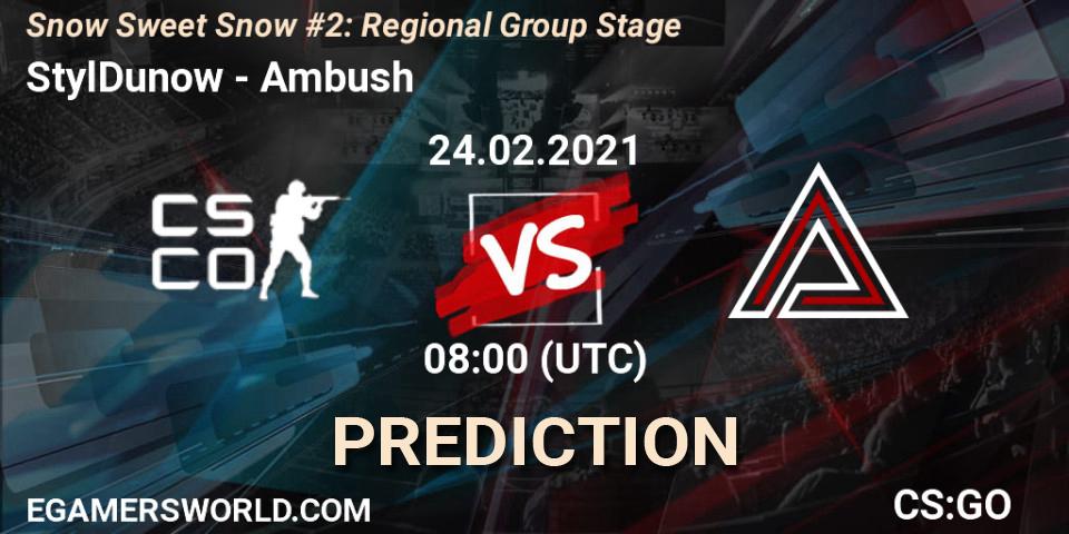 StylDunow проти Ambush: Поради щодо ставок, прогнози на матчі. 24.02.2021 at 08:00. Counter-Strike (CS2), Snow Sweet Snow #2: Regional Group Stage