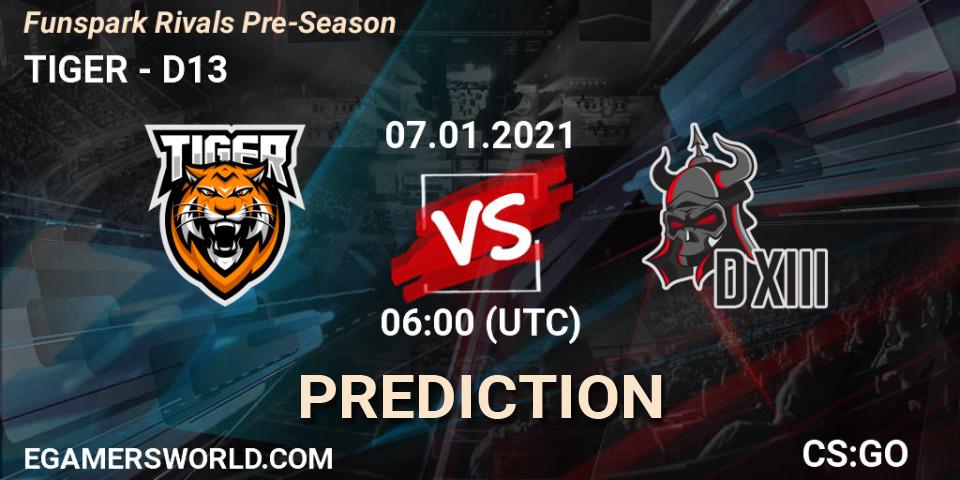 TIGER проти D13: Поради щодо ставок, прогнози на матчі. 07.01.2021 at 06:00. Counter-Strike (CS2), Funspark Rivals Pre-Season