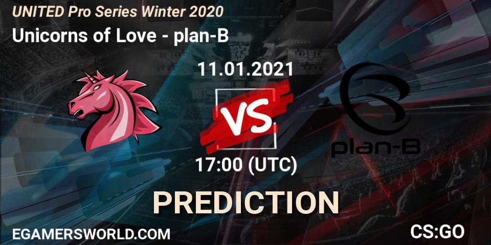 Unicorns of Love проти plan-B: Поради щодо ставок, прогнози на матчі. 11.01.2021 at 17:00. Counter-Strike (CS2), UNITED Pro Series Winter 2020