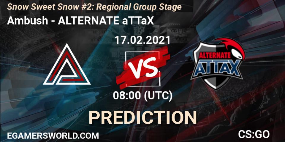 Ambush проти ALTERNATE aTTaX: Поради щодо ставок, прогнози на матчі. 17.02.2021 at 08:00. Counter-Strike (CS2), Snow Sweet Snow #2: Regional Group Stage