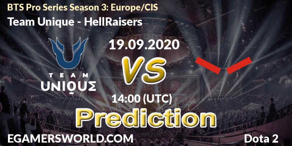 Team Unique проти HellRaisers: Поради щодо ставок, прогнози на матчі. 19.09.2020 at 12:00. Dota 2, BTS Pro Series Season 3: Europe/CIS