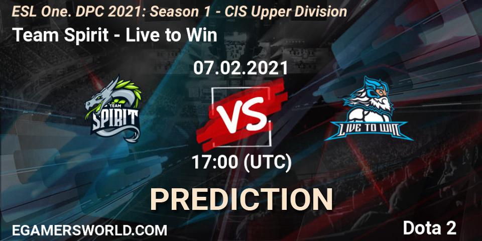 Team Spirit проти Live to Win: Поради щодо ставок, прогнози на матчі. 07.02.2021 at 16:56. Dota 2, ESL One. DPC 2021: Season 1 - CIS Upper Division