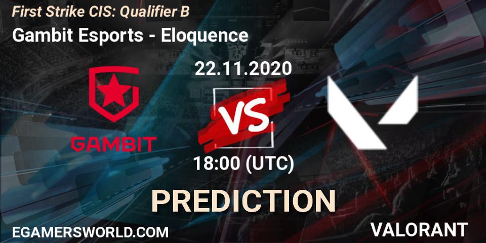Gambit Esports проти Eloquence: Поради щодо ставок, прогнози на матчі. 22.11.2020 at 18:00. VALORANT, First Strike CIS: Qualifier B