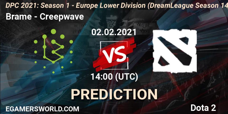 Brame проти Creepwave: Поради щодо ставок, прогнози на матчі. 02.02.2021 at 13:55. Dota 2, DPC 2021: Season 1 - Europe Lower Division (DreamLeague Season 14)