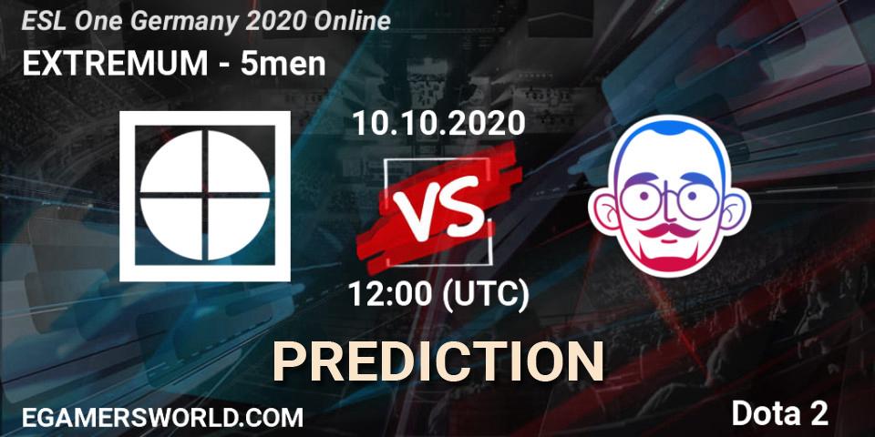 EXTREMUM проти 5men: Поради щодо ставок, прогнози на матчі. 10.10.2020 at 12:00. Dota 2, ESL One Germany 2020 Online
