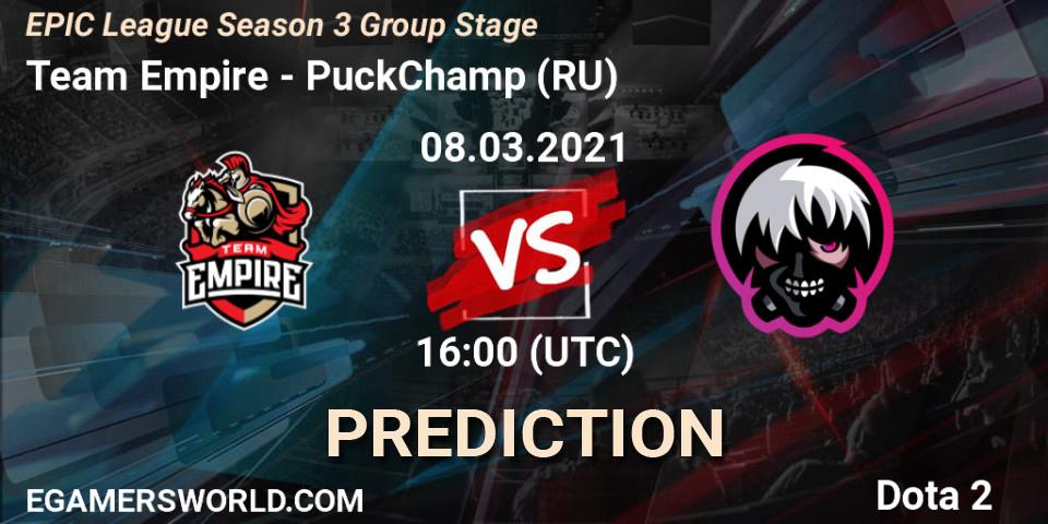 Team Empire проти PuckChamp (RU): Поради щодо ставок, прогнози на матчі. 08.03.2021 at 17:35. Dota 2, EPIC League Season 3 Group Stage