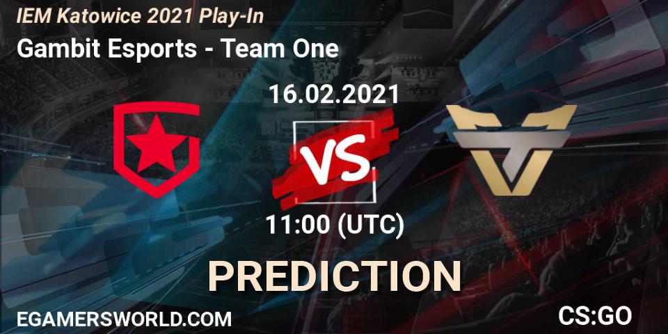 Gambit Esports проти Team One: Поради щодо ставок, прогнози на матчі. 16.02.2021 at 11:00. Counter-Strike (CS2), IEM Katowice 2021 Play-In