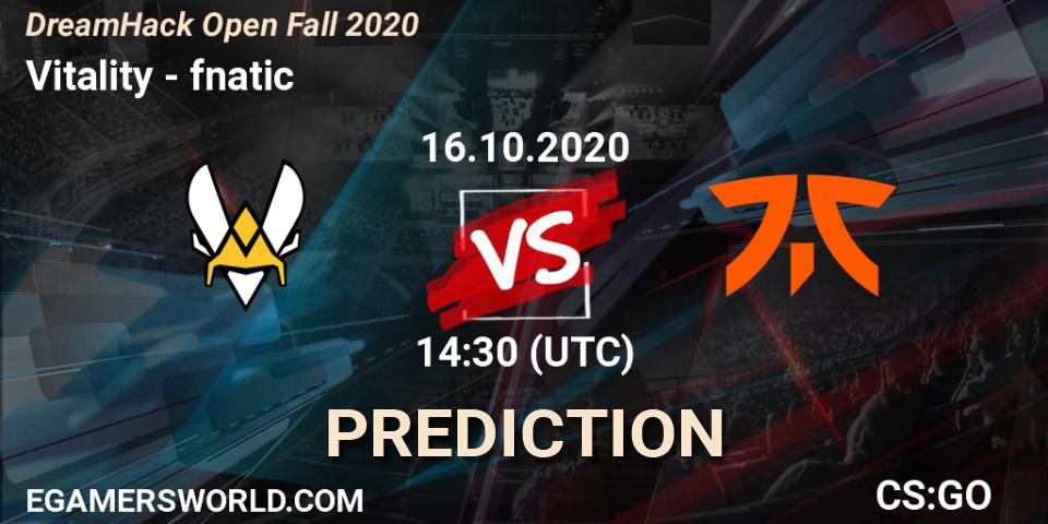 Vitality проти fnatic: Поради щодо ставок, прогнози на матчі. 16.10.2020 at 14:30. Counter-Strike (CS2), DreamHack Open Fall 2020