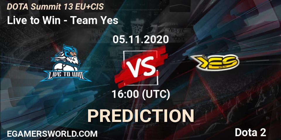 Live to Win проти Team Yes: Поради щодо ставок, прогнози на матчі. 05.11.2020 at 17:17. Dota 2, DOTA Summit 13: EU & CIS