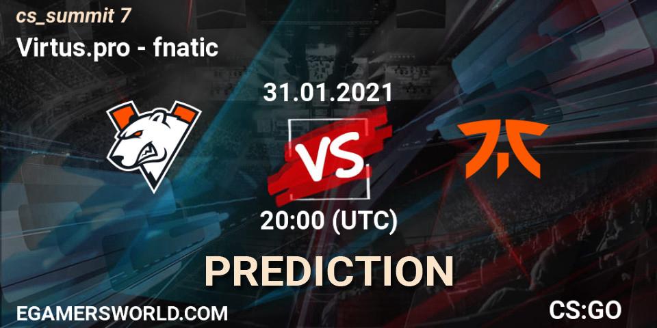 Virtus.pro проти fnatic: Поради щодо ставок, прогнози на матчі. 31.01.2021 at 20:00. Counter-Strike (CS2), cs_summit 7