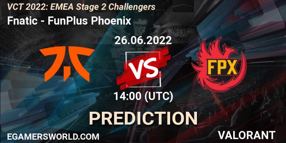 Fnatic проти FunPlus Phoenix: Поради щодо ставок, прогнози на матчі. 26.06.2022 at 14:00. VALORANT, VCT 2022: EMEA Stage 2 Challengers