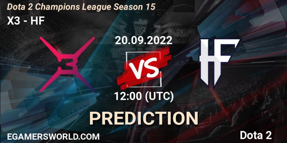 X3 проти HF: Поради щодо ставок, прогнози на матчі. 20.09.2022 at 12:24. Dota 2, Dota 2 Champions League Season 15