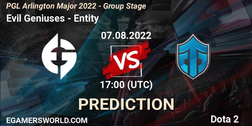Evil Geniuses проти Entity: Поради щодо ставок, прогнози на матчі. 07.08.2022 at 17:29. Dota 2, PGL Arlington Major 2022 - Group Stage