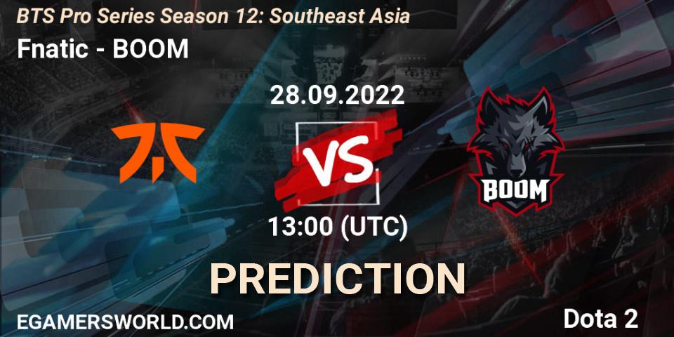 Fnatic проти BOOM: Поради щодо ставок, прогнози на матчі. 27.09.2022 at 09:01. Dota 2, BTS Pro Series Season 12: Southeast Asia