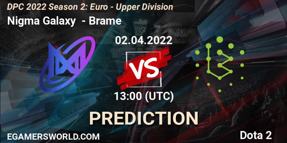 Nigma Galaxy проти Brame: Поради щодо ставок, прогнози на матчі. 02.04.2022 at 12:56. Dota 2, DPC 2021/2022 Tour 2 (Season 2): WEU (Euro) Divison I (Upper) - DreamLeague Season 17