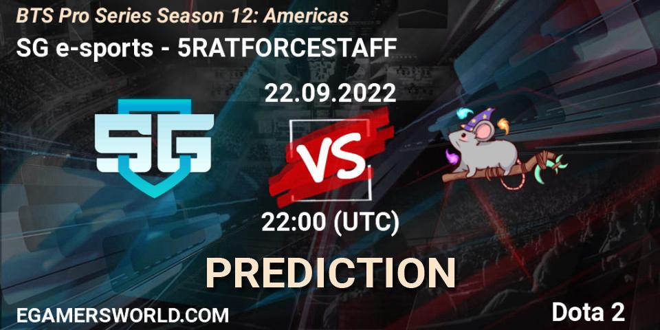 SG e-sports проти 5RATFORCESTAFF: Поради щодо ставок, прогнози на матчі. 22.09.2022 at 22:10. Dota 2, BTS Pro Series Season 12: Americas