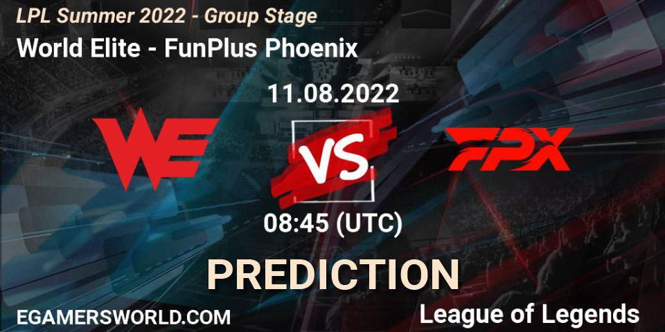 World Elite проти FunPlus Phoenix: Поради щодо ставок, прогнози на матчі. 11.08.2022 at 09:00. LoL, LPL Summer 2022 - Group Stage