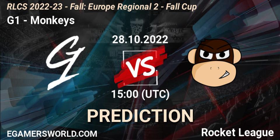 G1 проти Monkeys: Поради щодо ставок, прогнози на матчі. 28.10.2022 at 15:00. Rocket League, RLCS 2022-23 - Fall: Europe Regional 2 - Fall Cup