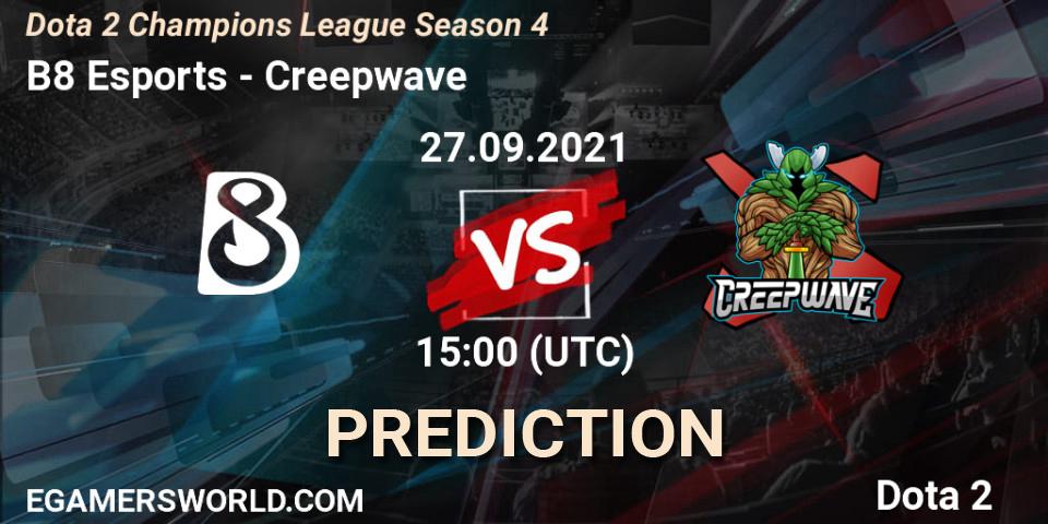 B8 Esports проти Creepwave: Поради щодо ставок, прогнози на матчі. 27.09.2021 at 15:24. Dota 2, Dota 2 Champions League Season 4