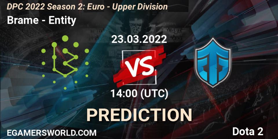 Brame проти Entity: Поради щодо ставок, прогнози на матчі. 23.03.2022 at 13:56. Dota 2, DPC 2021/2022 Tour 2 (Season 2): WEU (Euro) Divison I (Upper) - DreamLeague Season 17