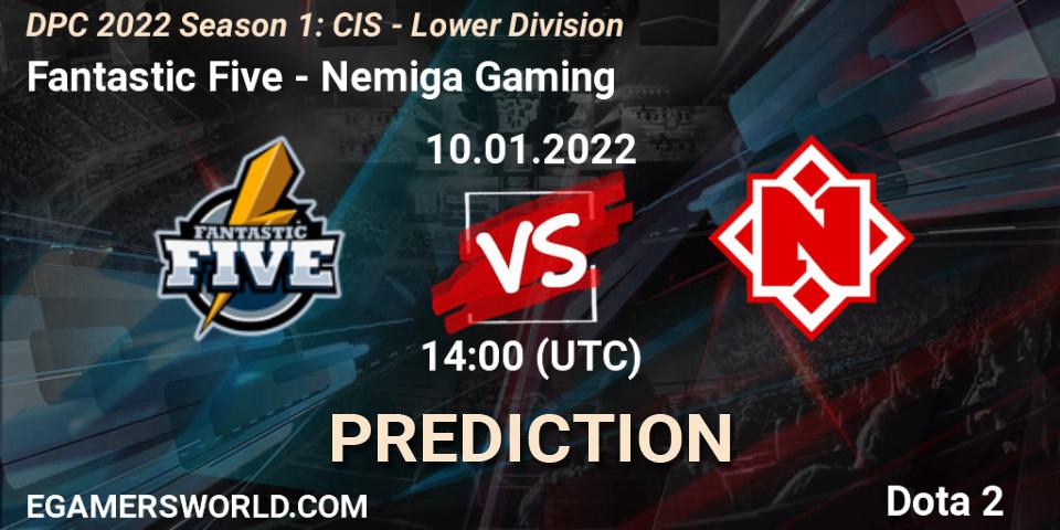 Fantastic Five проти Nemiga Gaming: Поради щодо ставок, прогнози на матчі. 10.01.2022 at 14:00. Dota 2, DPC 2022 Season 1: CIS - Lower Division