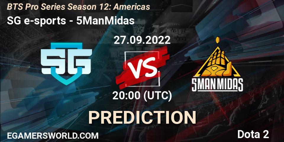 SG e-sports проти 5ManMidas: Поради щодо ставок, прогнози на матчі. 27.09.2022 at 20:01. Dota 2, BTS Pro Series Season 12: Americas