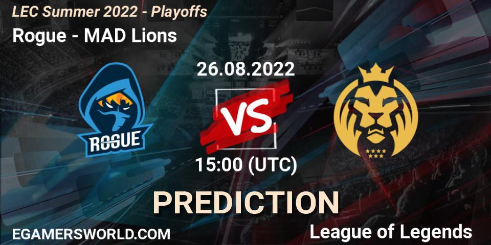 Rogue проти MAD Lions: Поради щодо ставок, прогнози на матчі. 26.08.2022 at 16:00. LoL, LEC Summer 2022 - Playoffs