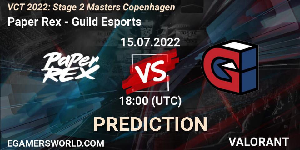 Paper Rex проти Guild Esports: Поради щодо ставок, прогнози на матчі. 14.07.2022 at 15:15. VALORANT, VCT 2022: Stage 2 Masters Copenhagen