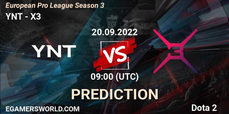 YNT проти X3: Поради щодо ставок, прогнози на матчі. 20.09.2022 at 09:02. Dota 2, European Pro League Season 3 