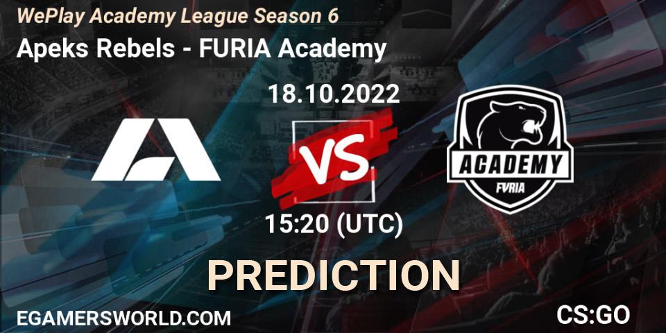 Apeks Rebels проти FURIA Academy: Поради щодо ставок, прогнози на матчі. 18.10.2022 at 15:50. Counter-Strike (CS2), WePlay Academy League Season 6