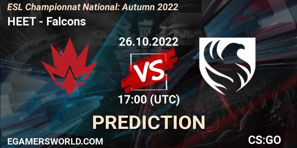 HEET проти Falcons: Поради щодо ставок, прогнози на матчі. 26.10.2022 at 17:00. Counter-Strike (CS2), ESL Championnat National: Autumn 2022