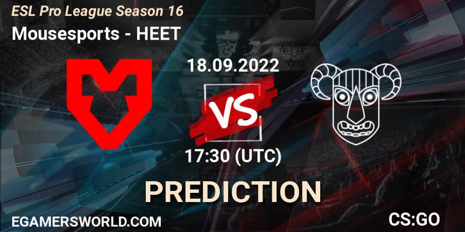 Mousesports проти HEET: Поради щодо ставок, прогнози на матчі. 18.09.2022 at 17:30. Counter-Strike (CS2), ESL Pro League Season 16
