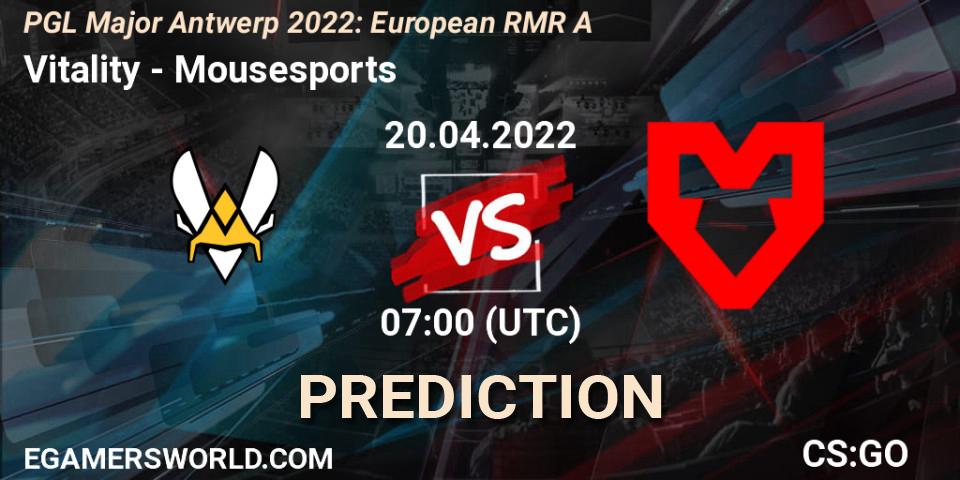 Vitality проти Mousesports: Поради щодо ставок, прогнози на матчі. 20.04.2022 at 07:00. Counter-Strike (CS2), PGL Major Antwerp 2022: European RMR A