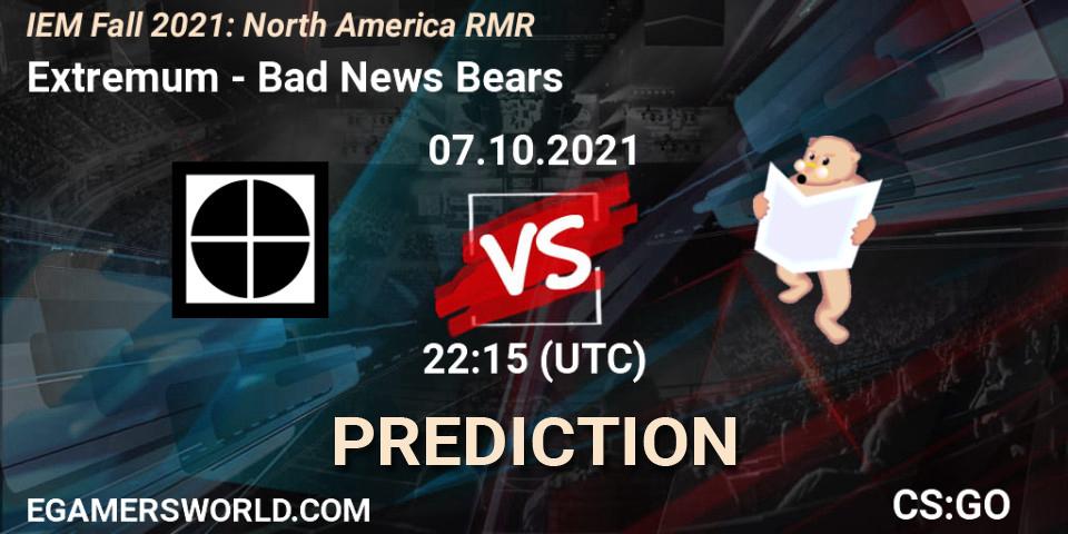 Extremum проти Bad News Bears: Поради щодо ставок, прогнози на матчі. 07.10.2021 at 22:15. Counter-Strike (CS2), IEM Fall 2021: North America RMR